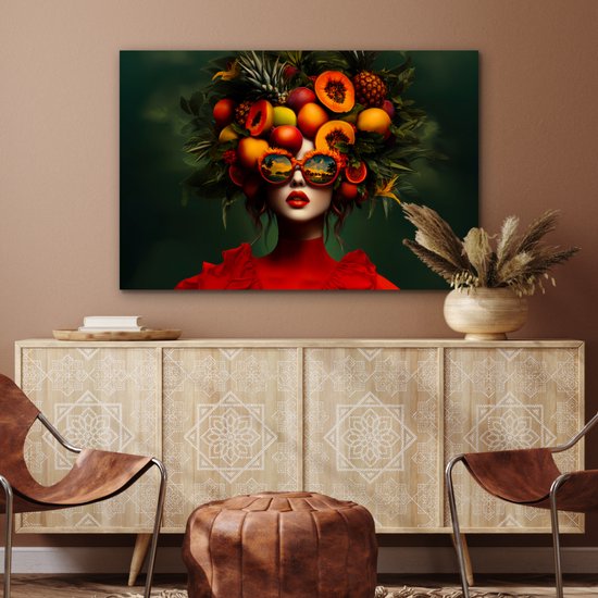Aluminium schilderij 120x80 cm - Wanddecoratie metaal - Vrouw - Vruchten - Papaja - Ananas - Metalen muurdecoratie woonkamer - Decoratie industrieel - Foto op dibond - Industriële accessoires slaapkamer