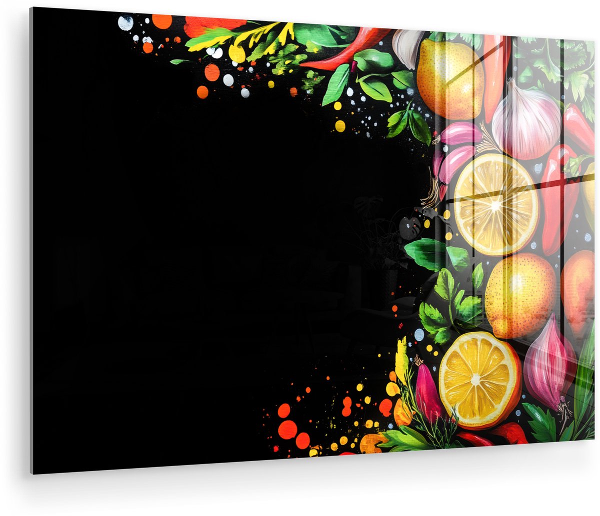 MuchoWow® Glasschilderij 90x60 cm - Schilderij acrylglas - Citroenen - Peper - Kruiden - Graffiti - Verf - Abstract - Foto op glas - Muurdecoratie woonkamer - Wanddecoratie slaapkamer - Schilderijen