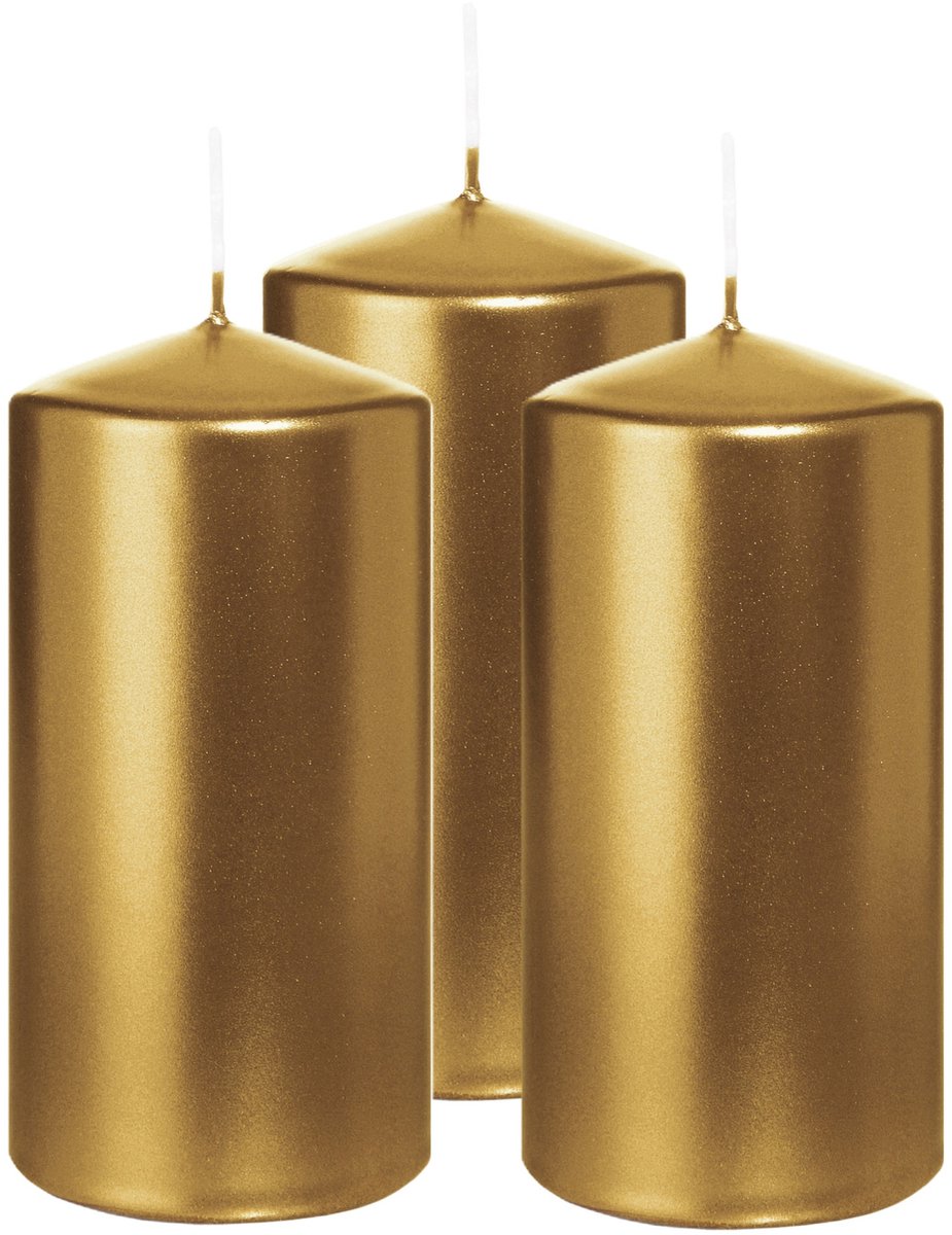 Wiedemann Cilinderkaars/stompkaars - 3x - metallic goud - 12 x 6 cm - 33 branduren - zuilkaarsen Goudkleurig