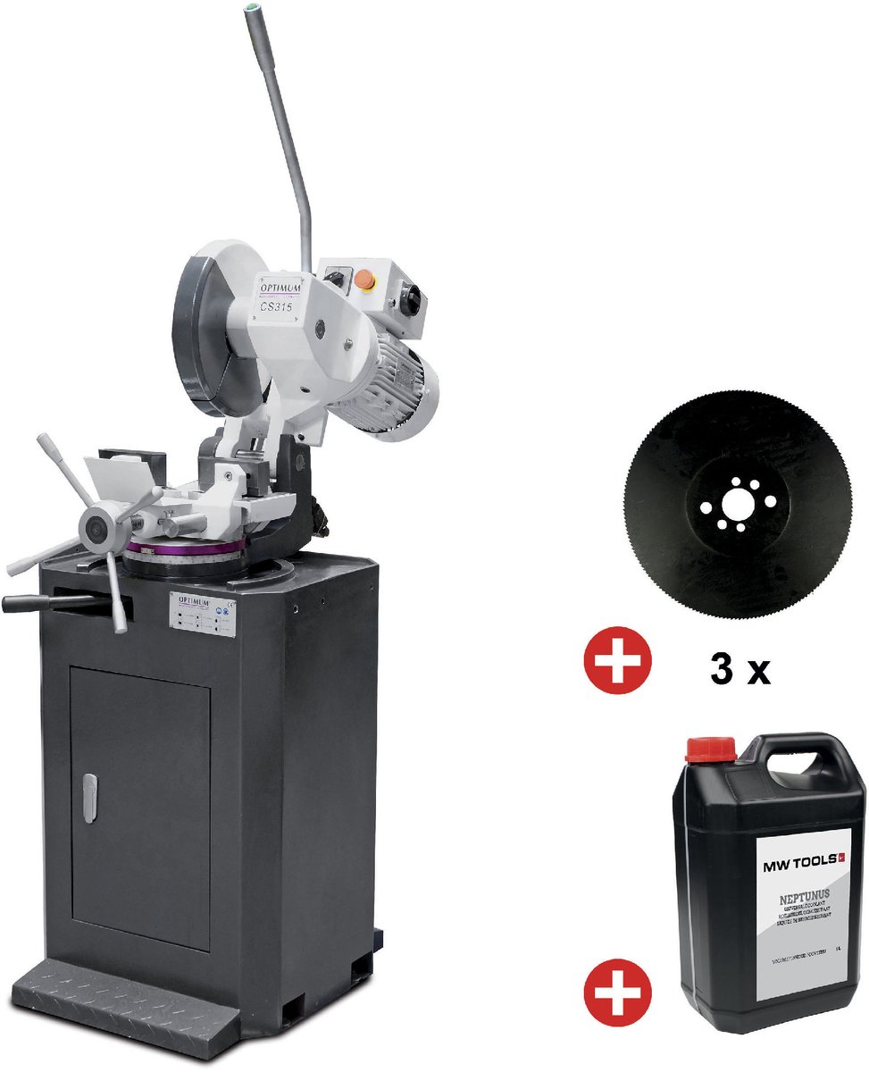Manuele afkortzaag dia. zaagblad 315 mm 19/38 tpm 0,75/1,5 kW 400V koelpomp sokkel incl. 3 zagen en koelmelk Optisaw CS315 PACK