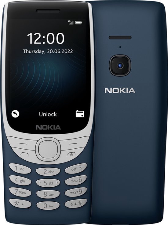 Blauwe Nokia telefoon met grijs toetsenbord en klok op scherm. Achterkant met camera en 'NOKIA' logo.