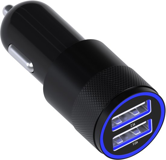 MMOBIEL Universele Autolader (ZWART) - 2 USB Poorten - 5V/1.0 + 2.1A - inclusief Blauwe LED