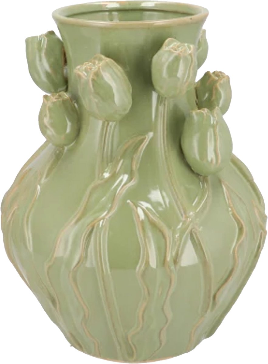 DK design Bloemenvaas Mara - groen - 24 x 24 x 27 cm - tulpvormige hals - moderne vaas