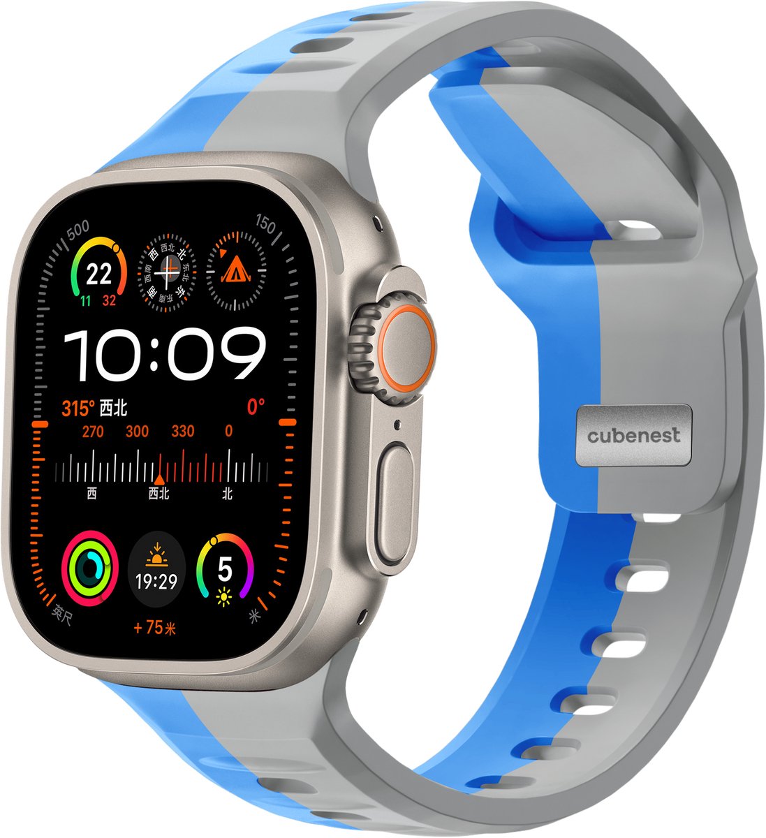 Cubenest Premium siliconen bandje - Geschikt voor Apple Watch 1, 2, 3, 4, 5, 6, 7, 8, 9, 10, SE, Ultra (2) - 42/44/45/46/49 mm - MAANGRIJS MET BLAUW - One Size
