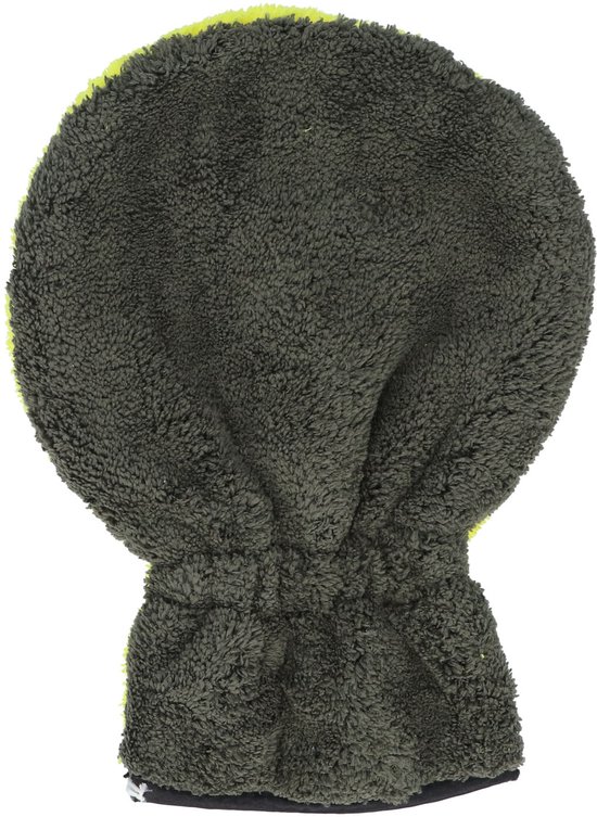 Gant de lavage en microfibre gris avec un passepoil jaune en bas.