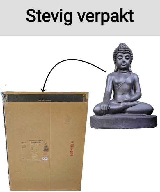 Zwart Boeddhabeeld met kartonnen verpakking. Tekst: 'Stevig verpakt'.