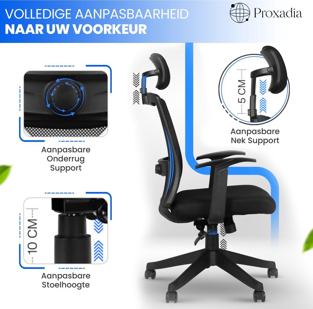 Proxadia® Ergonomische Bureaustoel met Nekkussen - Zwart - afbeelding 2