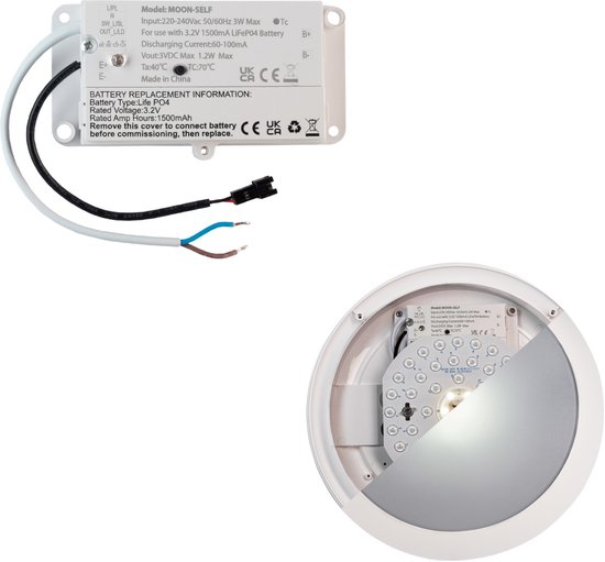 Noodverlichtingsaccu model MOON-SELF, met bedrading en verlichtingscomponenten.