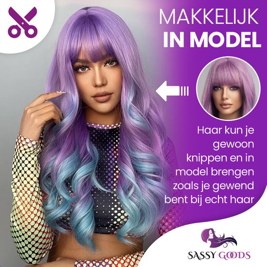 Perruque Unicorn SassyGoods - Perruques Sassy Goods pour femmes, Cheveux longs - Perruque - Lavable - Incl. Filet à cheveux - Blauw violet - 65 cm
