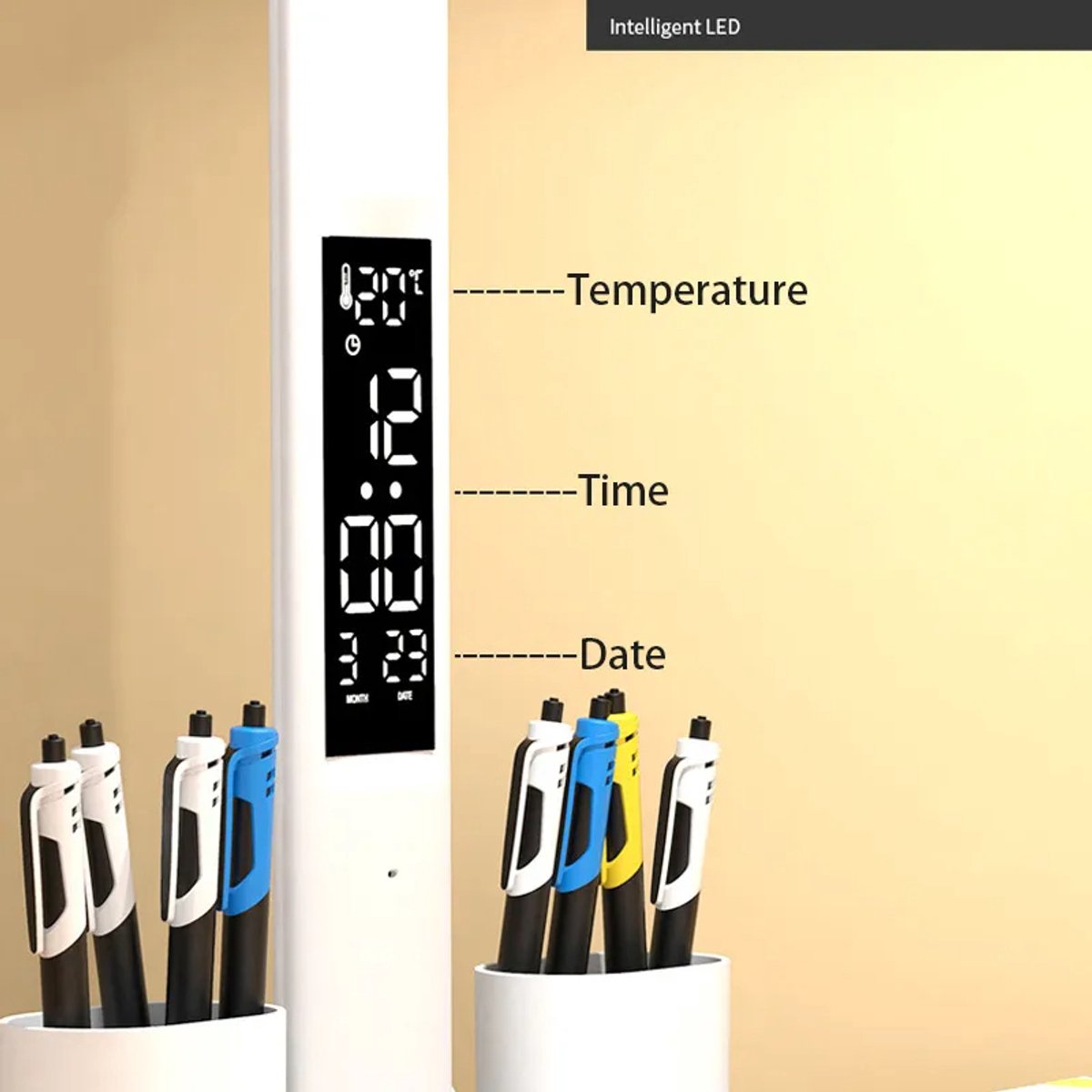 LED Bureaulamp Dubbele Kop, Vouwbaar, Touchscreen, Klok & Thermometer thumbnail 4