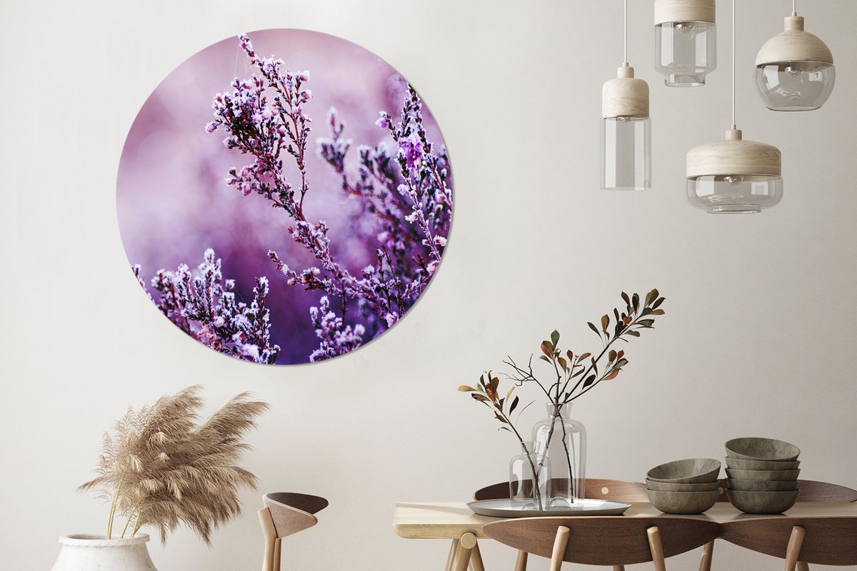 WallCircle Wandcirkel - Muurcirkel - Lavendel - Winter - Bloemen - Paars - Aluminium - Dibond - 140x140 cm - Binnen en Buiten