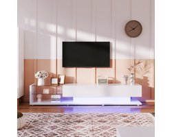TV-kasten, lage panelen, hoogglans witte glazen wanden en variabele LED-verlichting. Het combineert een natuurlijke, rustieke stijl met modern design