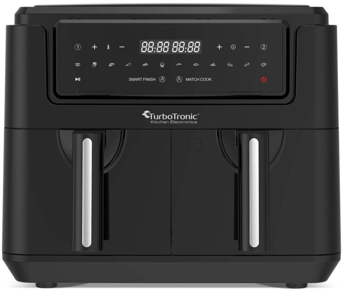 TurboTronic AF118 Dubbele Airfryer XXL - Digitale Heteluchtfriteuse - Dubbele mand - 7,6 Liter - 2x 3,8L - 12 programma's - Touchscreen - Zwart