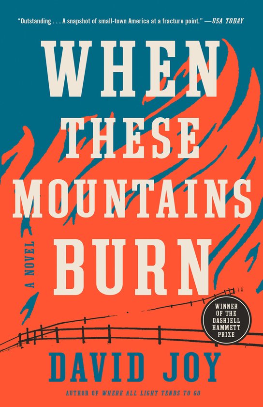 Boek "When These Mountains Burn" van David Joy, met rode vlammen en de tekst "Winner of the Dashiell Hammett Prize".