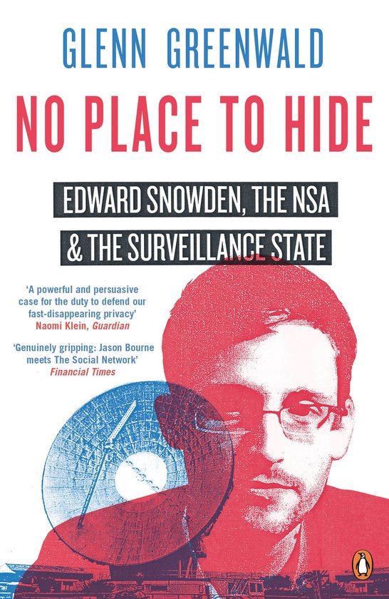 Livre 'No Place to Hide' par Glenn Greenwald, avec un portrait d'Edward Snowden et une antenne parabolique.