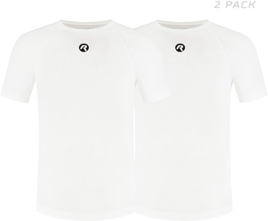 Twee witte ondershirts met korte mouwen, raglanmouwen en een zwart R-logo op de borst.