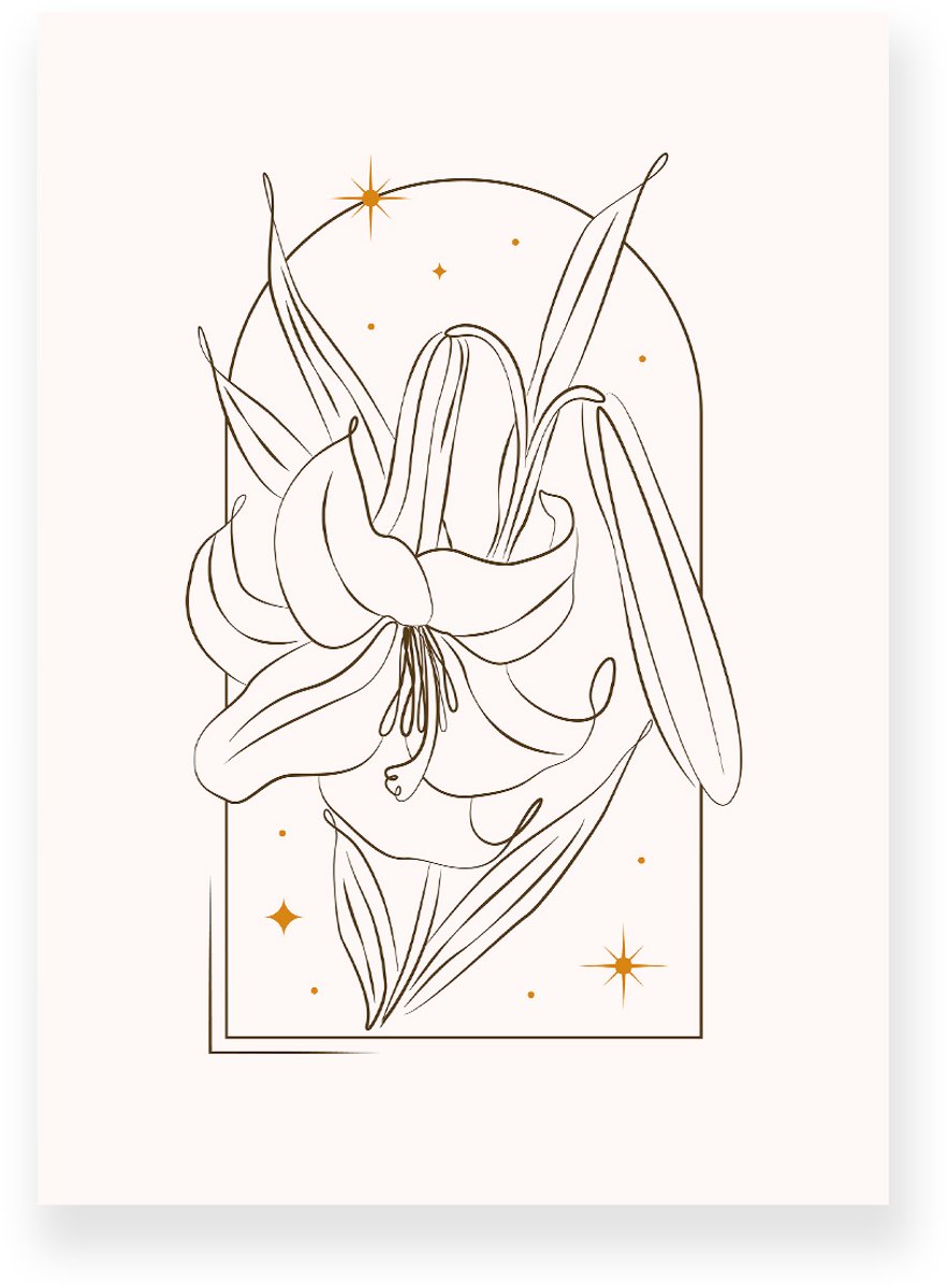 Yisual Poster 30x40 cm - Lelie - Bloemen - Lijntekening - Goud - Beige - Minimalistisch - Botanisch - Muurdecoratie - Wanddecoratie