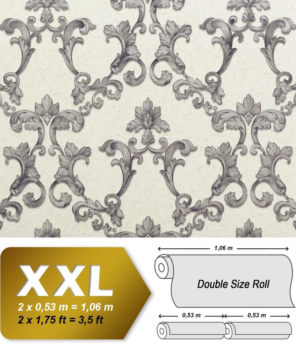 Barok behang EDEM 9085-27 vliesbehang hardvinyl warmdruk in reliëf gestempeld met 3D bloemmotief glanzend wit zilver grijs 10,65 m2