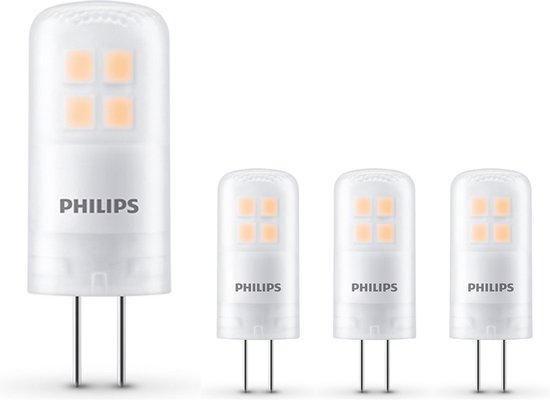 Vier Philips LED capsule steeklampjes met vierkante lichtpanelen.