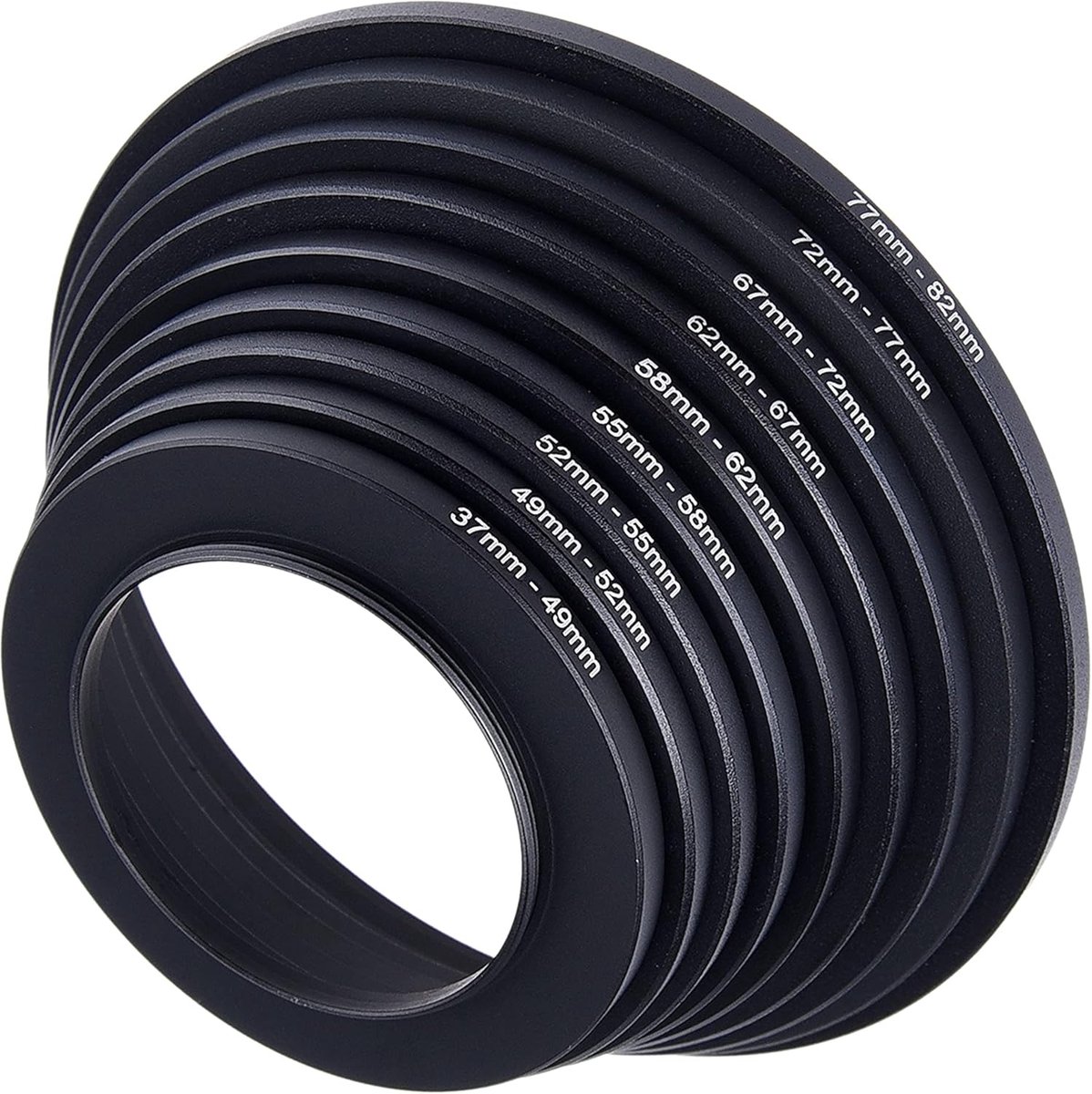 Step Up Lens Filter Adapter Ringen - Set van 9 - Maakt het mogelijk om grotere lensfilters te gebruiken op een lens met een kleinere diameter - Maten: 37-49, 49-52, 52-55, 55-58, 58-62, 62-67, 67-72, 72-77, 77-82 mm