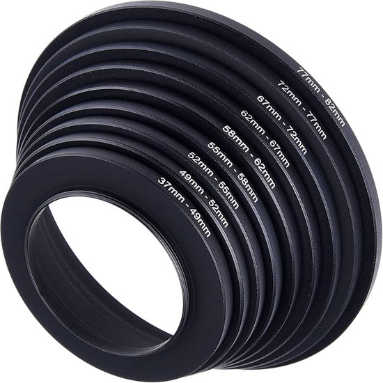Step Up Lens Filter Adapter Ringen - Set van 9 - Maakt het mogelijk om grotere lensfilters te gebruiken op een lens met een kleinere diameter - Maten: 37-49, 49-52, 52-55, 55-58, 58-62, 62-67, 67-72, 72-77, 77-82 mm
