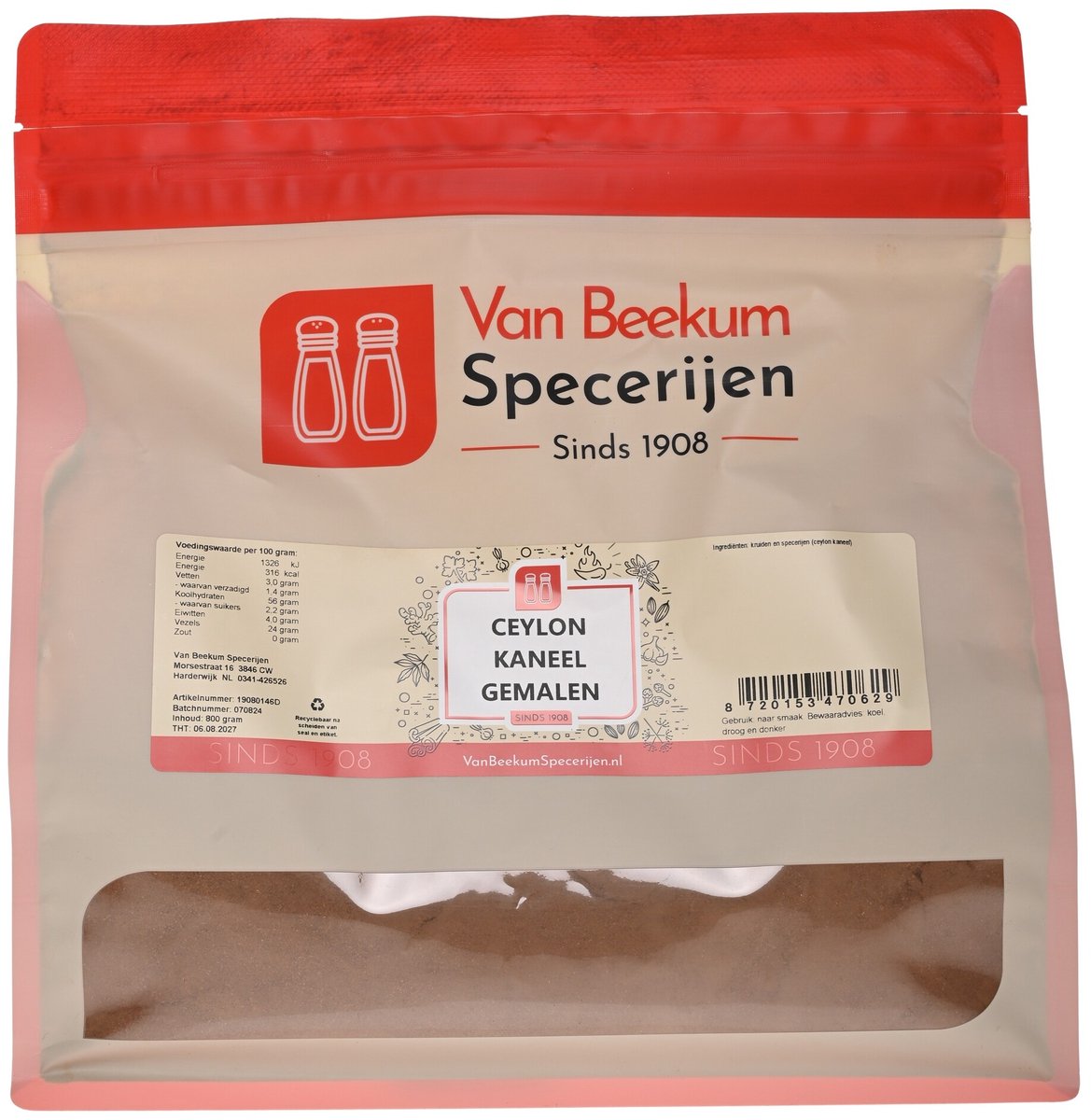 Goedkoopste Van Beekum Specerijen - Ceylon Kaneel Gemalen - 800 Gram (hersluitbare stazak