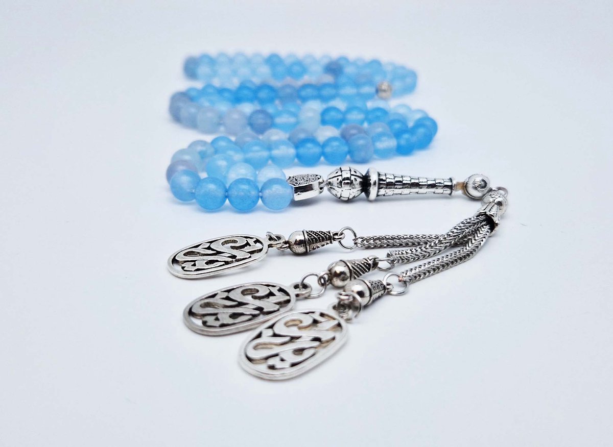 Handgemaakte tesbih "Tasbih" natuursteen " Blauwe Jade " - Aantal kralen 99 - Diameter kralen 8MM - met metaal tassel "Yarab" - Een mooi cadeau-idee