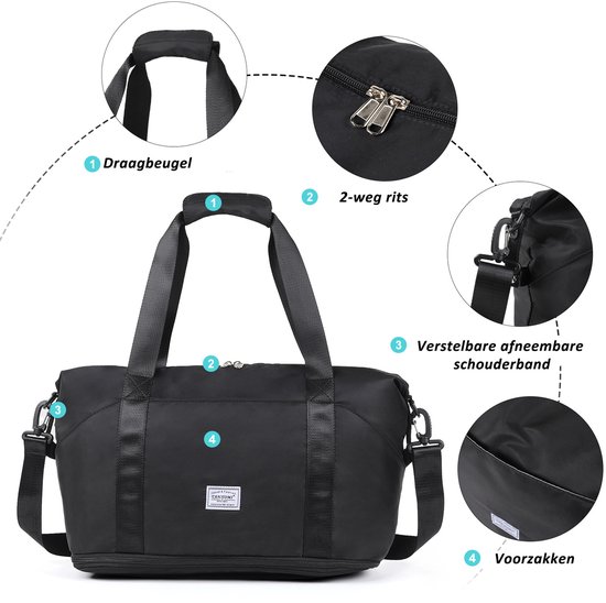 Sac de voyage TAN.TOMI - Sac de sport pour femme et homme - 42x23x40 cm - Avec housse Smart pour valise - Sac de Bagage à main - Sac de sport pliable et étanche - Zwart