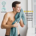 Un homme se frotte le visage avec une serviette bleu clair. Il sourit. À gauche, des icônes pour doux et doux pour la peau. À droite, une note en étoiles et du texte.