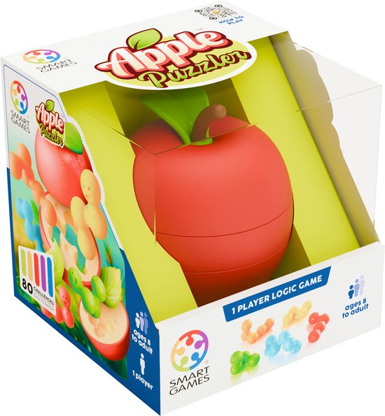 Doos van de SmartGames Apple Puzzler, met een rode appel, veelkleurige moleculen en de tekst '80 Challenges'.