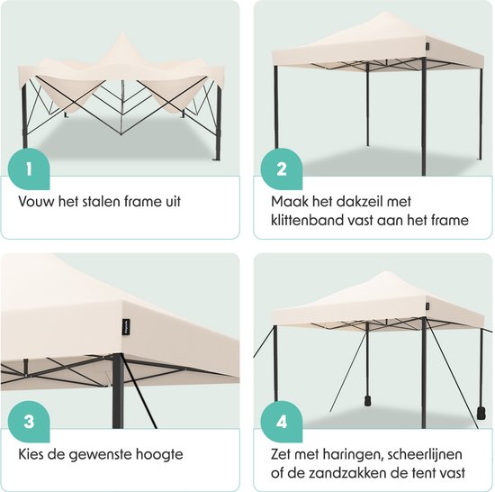 Stappenplan: Vouw het stalen frame uit, maak het dakzeil vast met klittenband, kies de gewenste hoogte, zet de tent vast met haringen.