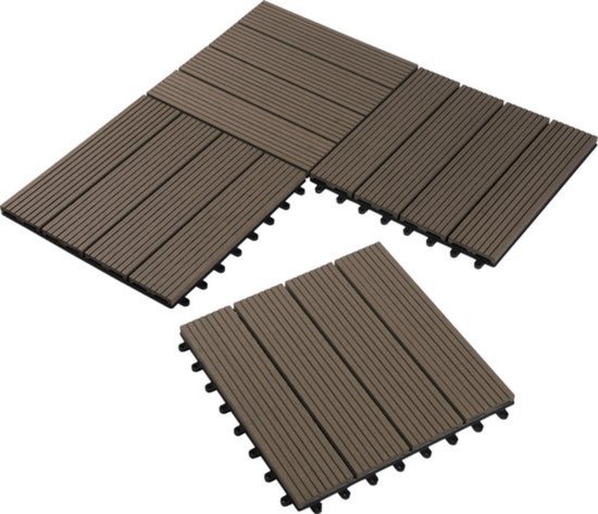 tectake® Set van 11 terrastegels, Kliksysteem, WPC houtlook, Weerbestendig, Antislip, Balkontegels 31 x 31 cm, Tuintegels, Vloertegels voor tuin, terras, balkon, Drainage, Uitbreidbaar, 1,05 m², Bruin