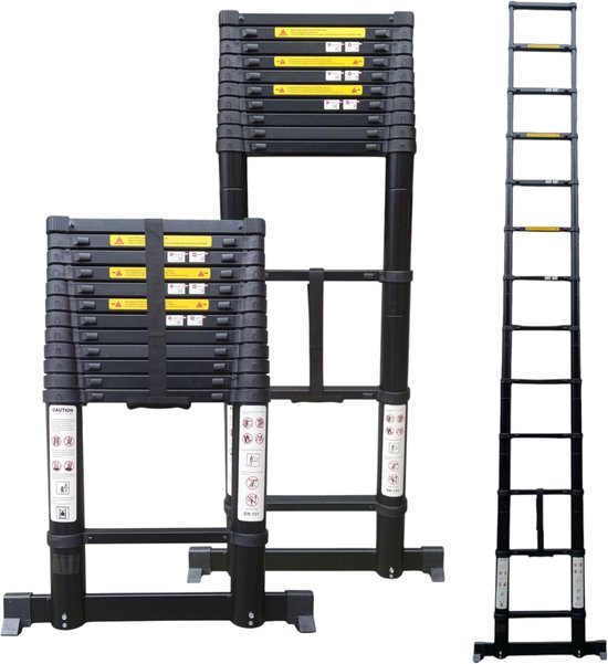 Zwarte telescopische ladders, gedeeltelijk uitgeklapt en volledig uitgeschoven, met gele waarschuwingsstickers.