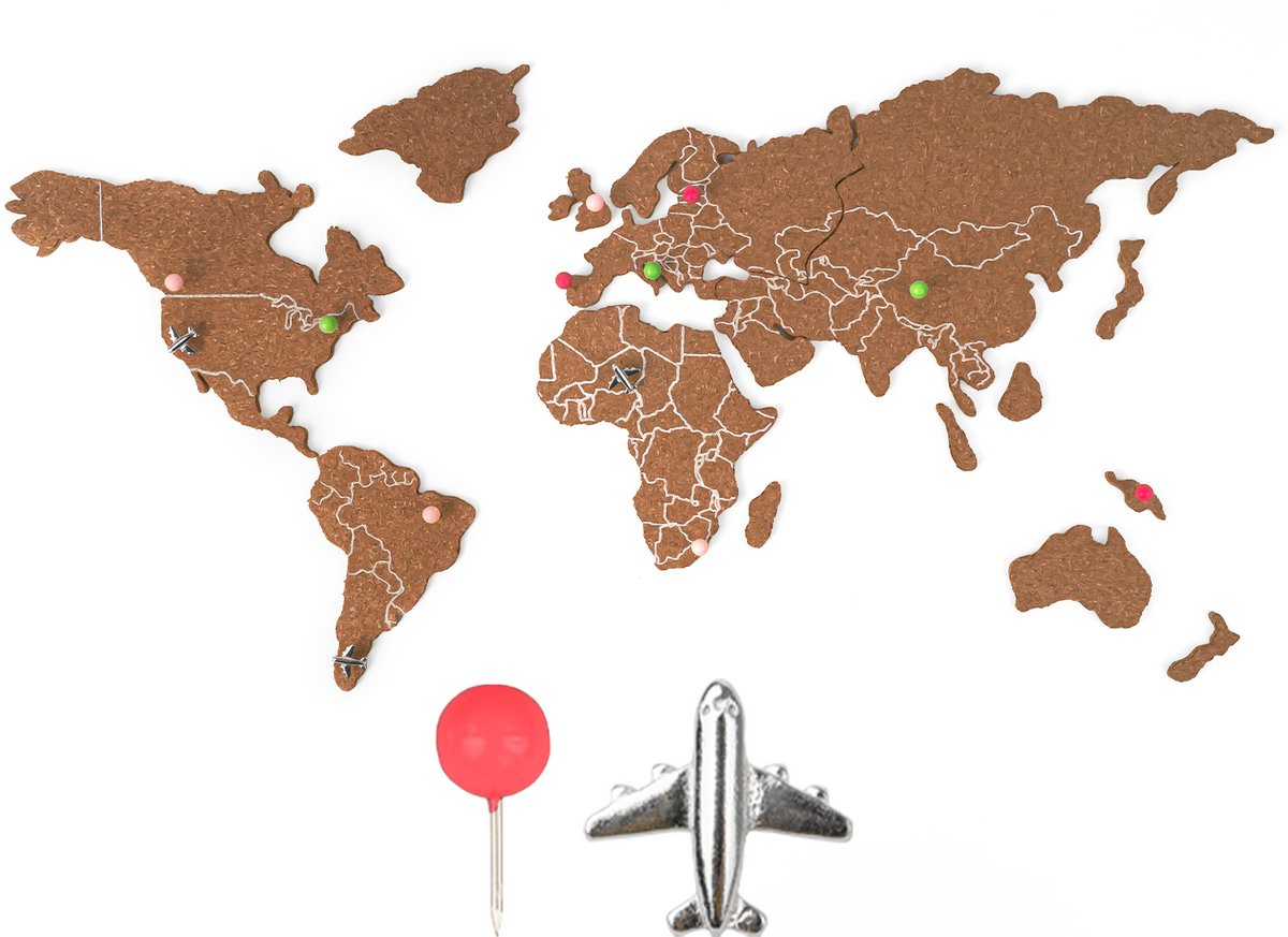 Wereldkaart prikbord van kurk met vliegtuig-punaises