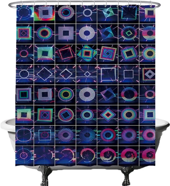 Rideau de douche avec un motif de formes géométriques abstraites au néon sur fond sombre, y compris des carrés et des cercles violets, verts et bleus.