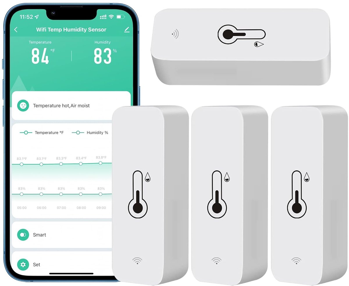 Draadloze Wifi Hygrometer Thermometer Sensor voor Thuis - Pakket van 4 - Binnen en Buiten Temp en Vochtigheid Monitor met App Notificaties