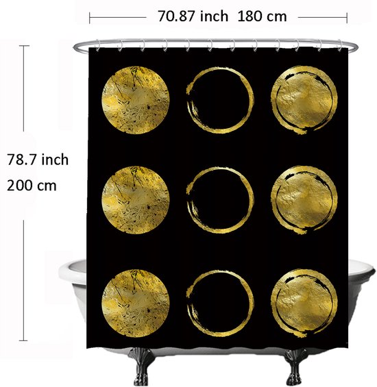 Ulticool Douchegordijn - Gouden Cirkels Zon Maan Chique - 180 x 200 cm - met 12 ringen - Anti Schimmel - Waterdicht & Wasbaar - Semi Transparant - Goud Zwart