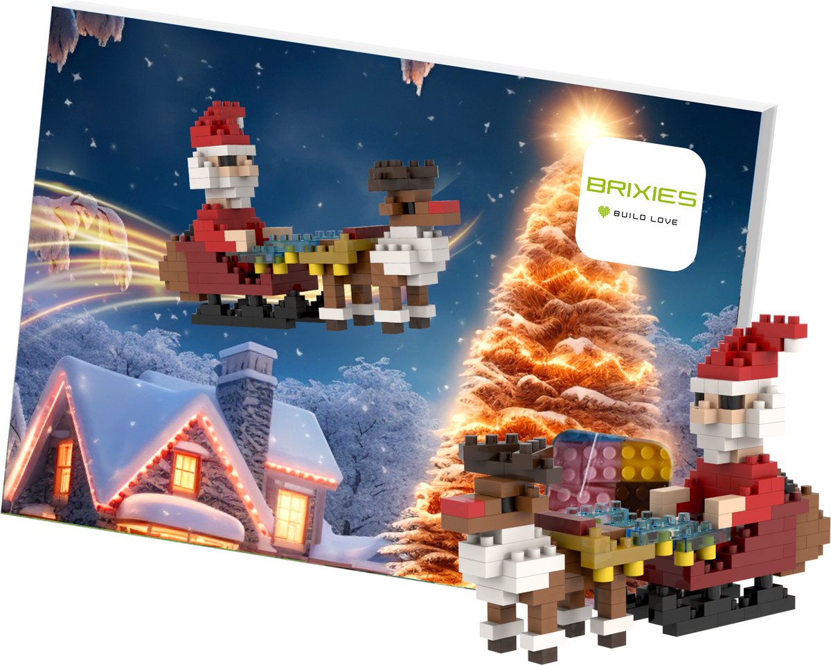 Postkaart Kerstman met Arreslee- Brixies- Bouwsteentjes