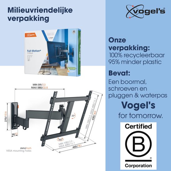 Onderdelen van de Vogel's tv-beugel, inclusief schroeven, pluggen, waterpas en boormal. Doos met de tekst 'Milieuvriendelijke verpakking'.