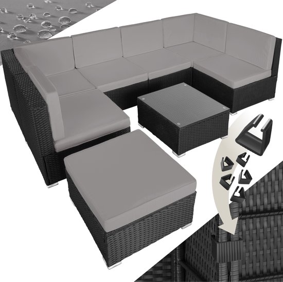 tectake Lounge set - Groupe de sièges en osier Venetië - noir avec coussins gris - 404297