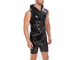 PU Lederen tanktop met capuchon - Ritssluiting - Latex wetlook vest - Mouwloos - Shirt - Heren