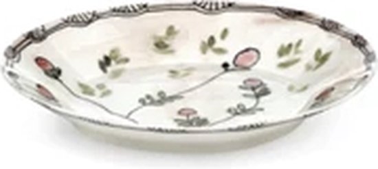 Klein, plat bord met een witte basis en een decoratie van roze en groene bloemen en takjes.
