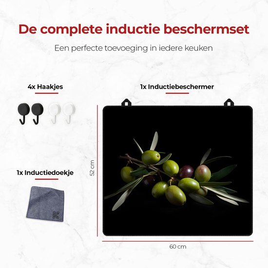 KitchyMist Inductie Beschermer 60x52 cm - Groene Olijven - Kookplaat Beschermer - Afdekplaat voor Kookplaat - Inductie Mat - Spatscherm Achterwand Keuken