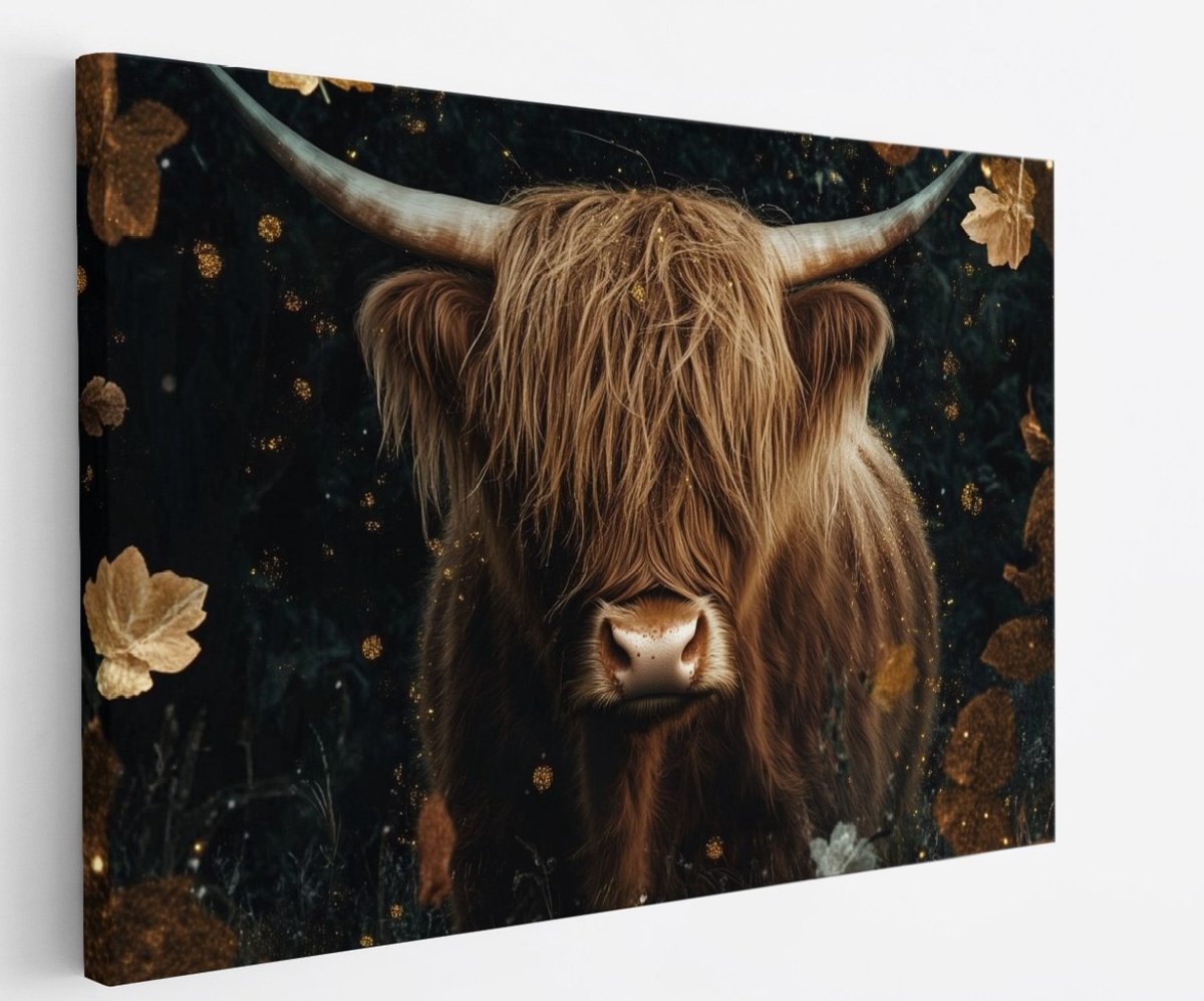 Saammp Canvas Schilderij - Schotse Hooglander Koe - Abstract - Bladeren - Dieren - Natuur - 60x40 - Foto op canvas - Wanddecoratie - muurdecoratie Woonkamer - Slaapkamer decoratie - Canvas Print Multicolor