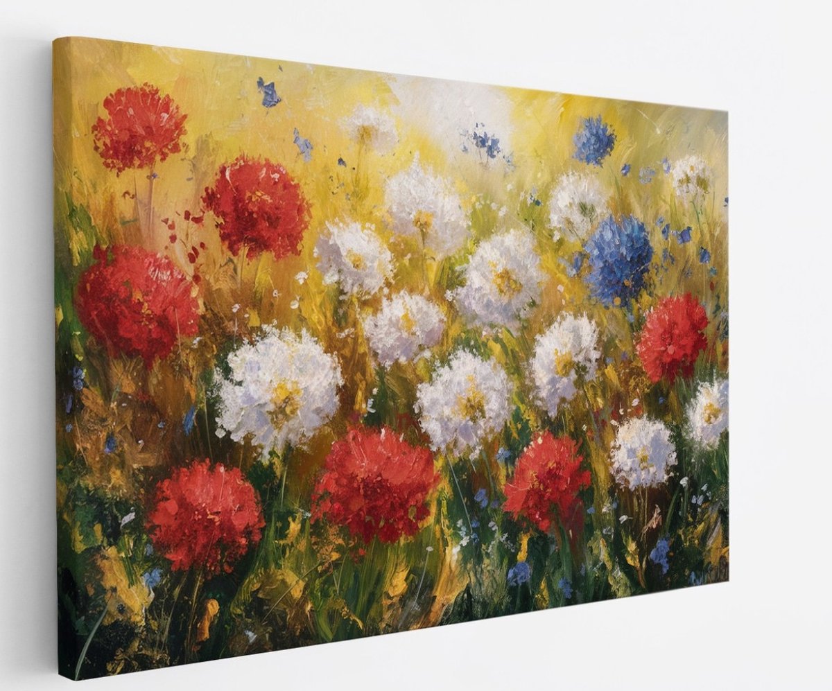 Saammp Canvas Schilderij - Bloemen Weide Rood, Wit en Blauw - Natuur - Abstract - 50x40 - Foto op canvas - Wanddecoratie - Muurdecoratie Woonkamer - Kantoor Decoratie Multicolor