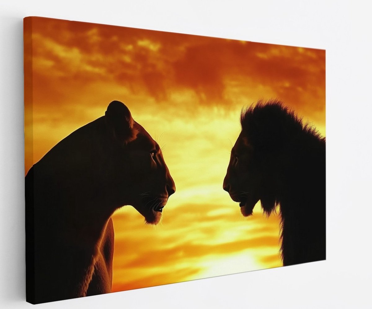 Saammp Canvas Schilderij - Leeuwen - Zonsondergang - Oranje - Natuur - Dieren - 90x60 - Foto op canvas - Wanddecoratie - muurdecoratie Woonkamer - Slaapkamer decoratie - Canvas Print Multicolor