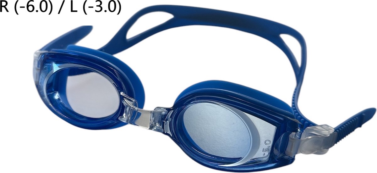 Kinderzwembril op sterkte - R (-6.0) / L (-3.0) - Blauw