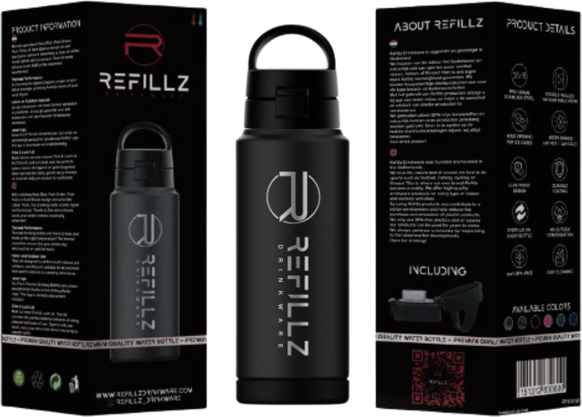 Refillz Drinkware® - (NEW) Pro X Bottle Blackz - Dubbelwandige Thermo Drinkfles 720ML - Waterfles - RVS Bidon - Click & Lock Lid Pro - 24u koud / 12u warm - Lekvrij Design - BPA Vrij