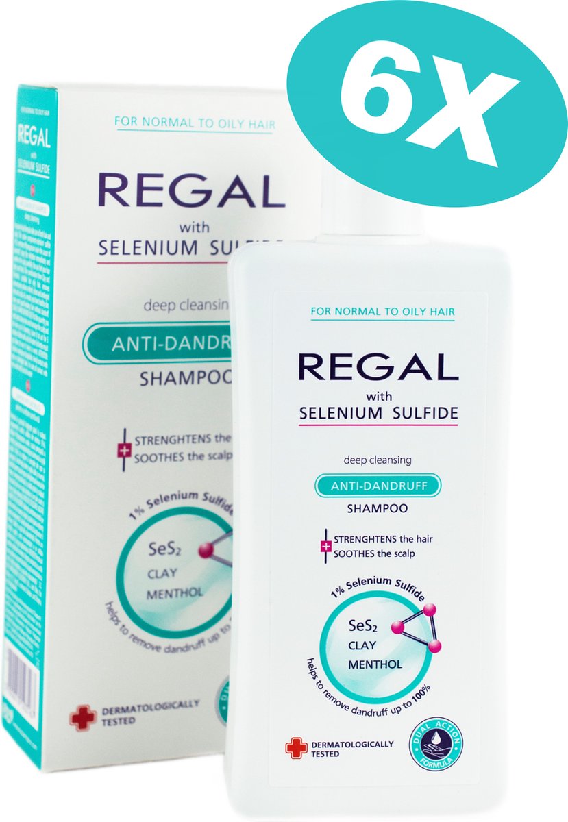 Regal Anti Roos Selenium Sulfide Shampoo Voordeelverpakking 6 Stuks – Normaal & Vet Haar – met Menthol & Klei – 6 x 200ml