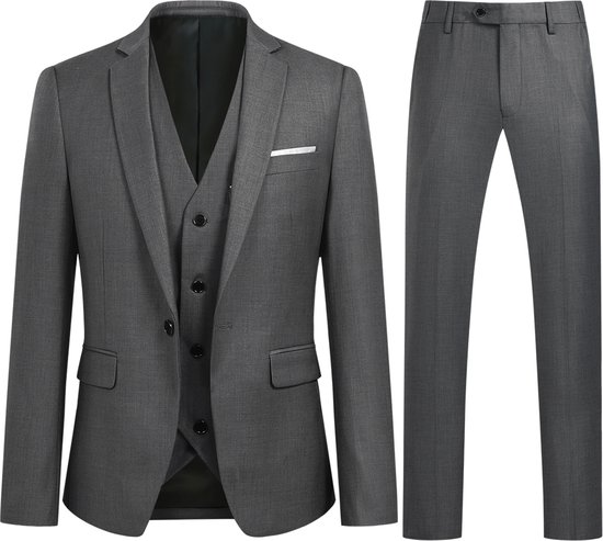 Donkergrijs colbert en bijpassende pantalon.